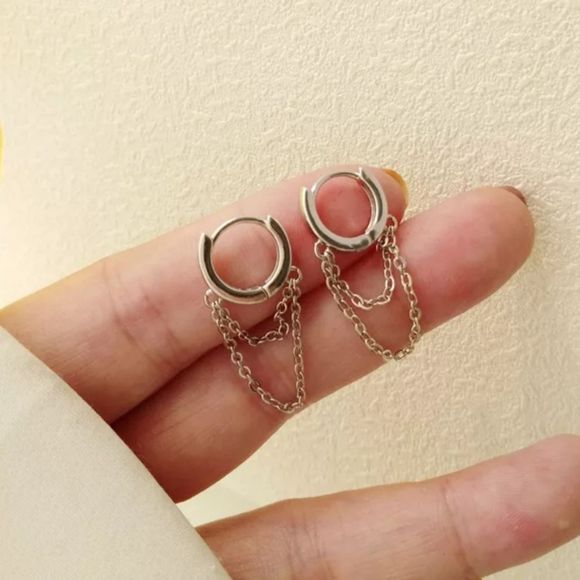 Silver titanium cuff link chain goth punk earrings new - Picture 2 of 4